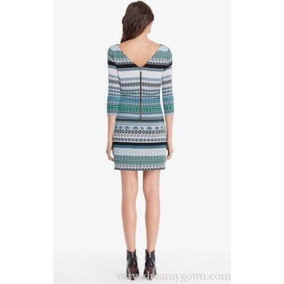 Diane Von Furstenberg Silk Shift Dress 6 Geometric Stripe Boat Neck 3/4 Sleeve - Picture 2 of 16